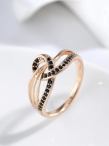 Luxury Geometric Line Cross Rolled 14K Rose Gold With Black AAA Zircon Crystals Ring - Fashion Vintage Jewellery